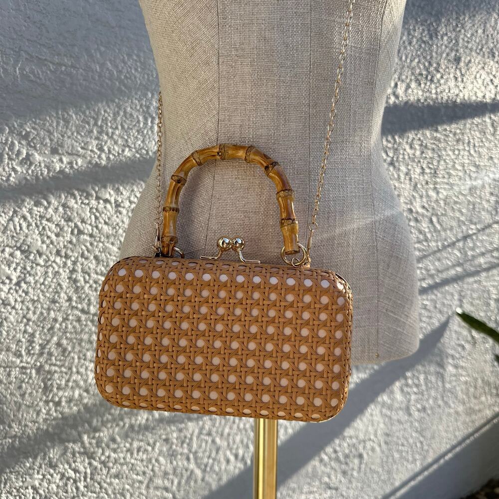 Cane Rattan Clutch with Bamboo Handle and Chain Strap - Picture 6 of 7